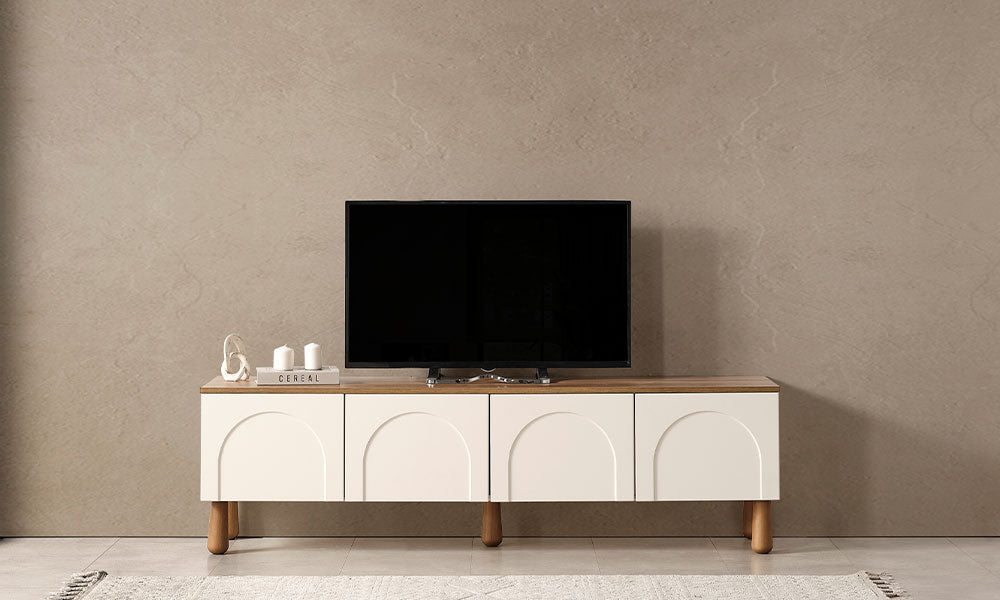 mode bohem ahsap ayakli tv unitesi