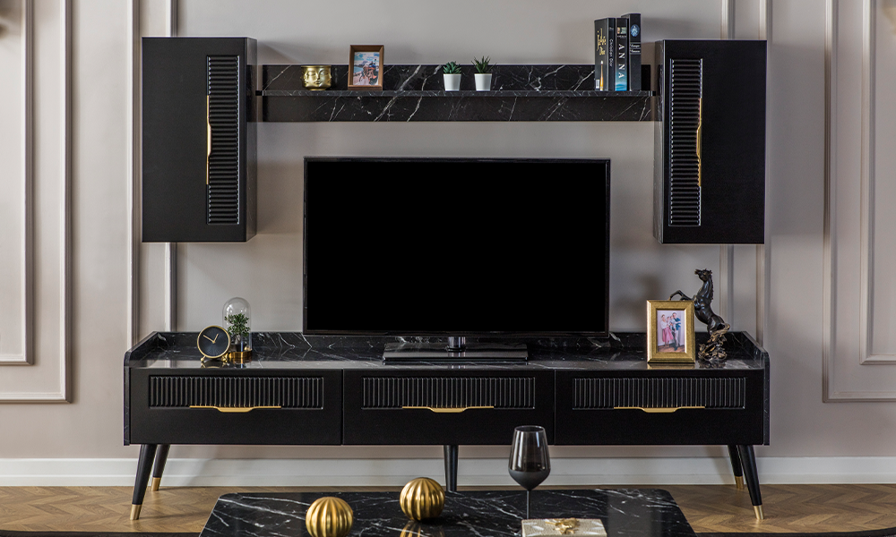 tesla siyah modern ust bloklu tv unitesi