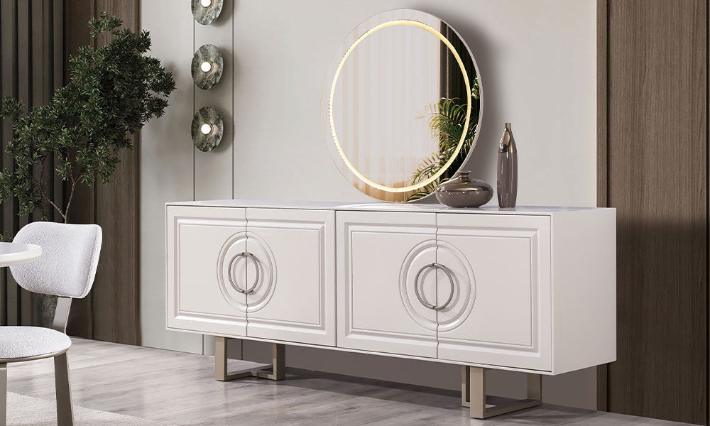 Alkan Modern Konsol; dairesel CNC işlemeli 4 kapaklı krem gövde, bronz halka kulplar, ledli yuvarlak ayna ve modern yemek odası dekorasyonu.