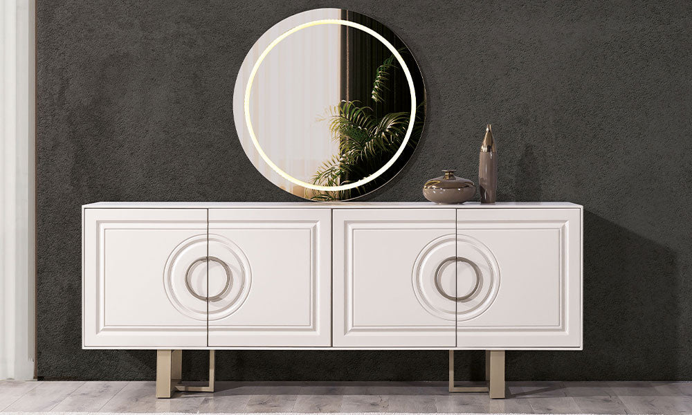 Alkan konsolun önden görünümü; birbirini tamamlayan çember motifli kapak tasarımı, gold metal ayak yapısı ve ambiyans aydınlatmalı ayna seti.