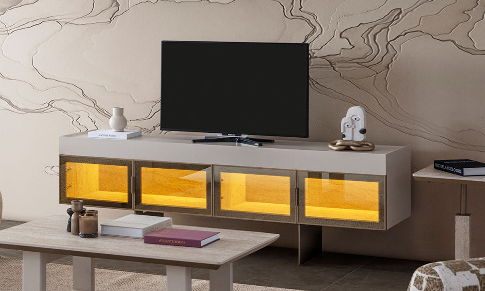 Armonia Modern TV Ünitesi, televizyon alanını tamamlayan MDF yapısı ve modern tasarımıyla genel görünüm