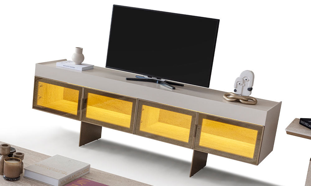 Armonia Modern TV Ünitesinin MDF yüzeyi ve çağdaş tasarım ayrıntılarını gösteren yakın ürün görünümü