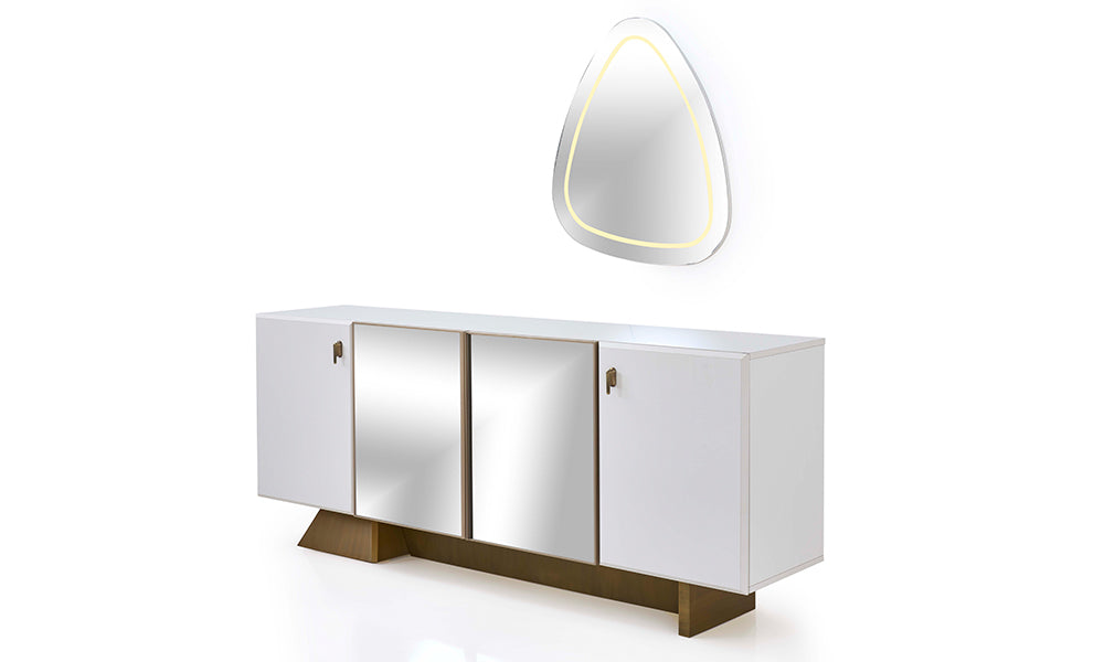 Asel Modern Konsol; beyaz gövde, aynalı reflekte orta kapaklar, şampanya renkli asimetrik taban ve organik formlu ledli duvar aynası.