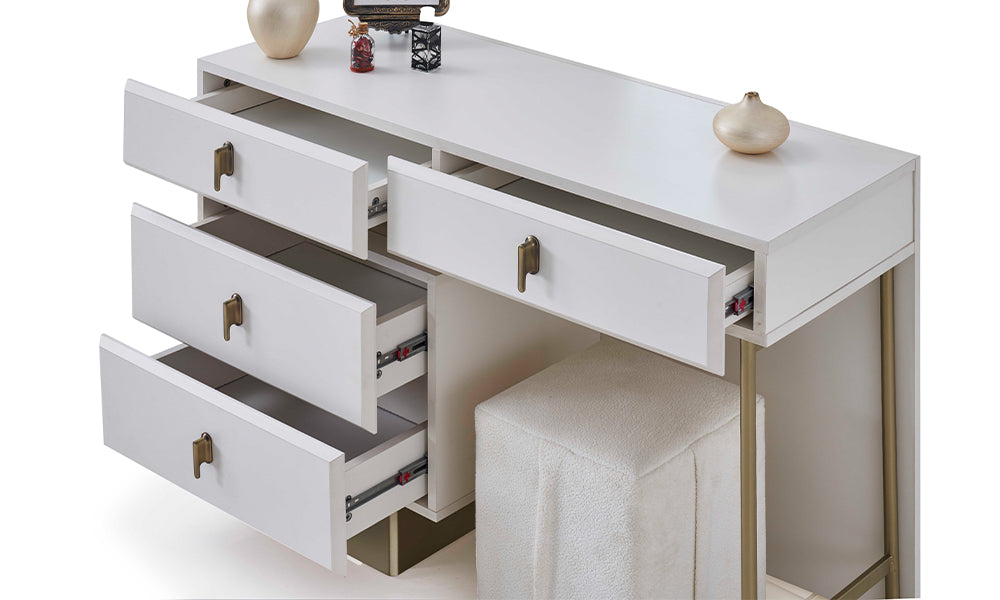 Asel şifonyer açık çekmece profili; sessiz teleskopik ray sistemi, çoklu depolama hacmi ve şampanya metalik kulplar.