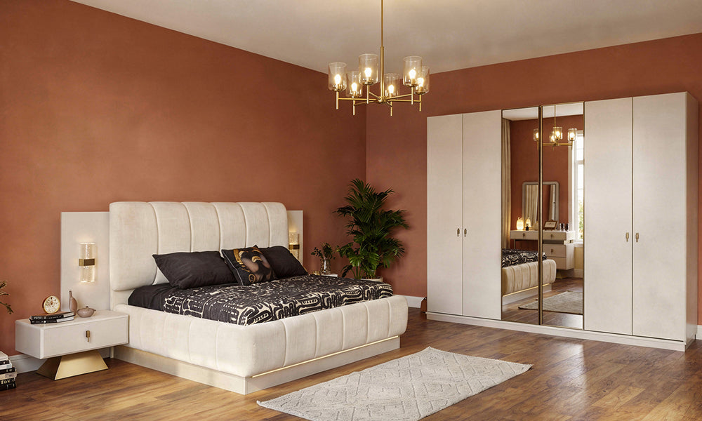 Asel Modern Yatak Odası Takımı; altı kapaklı bronz aynalı gardırop, zemin led aydınlatmalı havada asılı karyola ve piramit komodin.