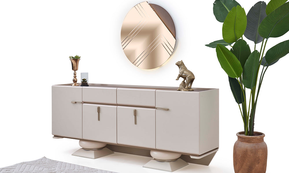 Bonita Modern Konsol 45 derece profili; asimetrik led ayna kombinasyonu, mat bej gövde, yatay metal kulplar ve heykelsi ayak tasarımı.