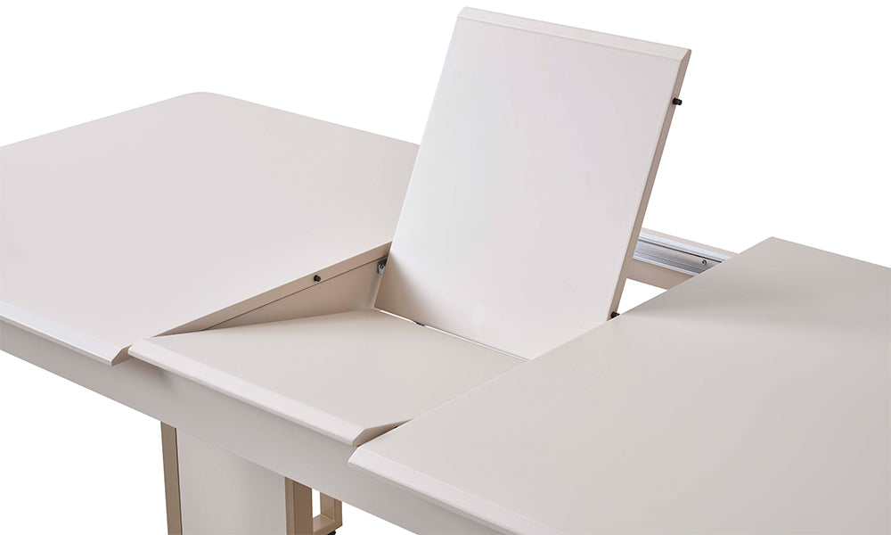 Bonita açılır masa uzatma mekanizması; çelik raylar üzerinde pürüzsüz çalışan, gövde içine gizlenmiş pratik kelebek (butterfly) sistem.