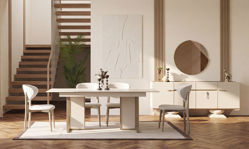 Bonita Modern Yemek Odası Takımı; ipeksi mat bej konsol, asimetrik led ayna, panel ayaklı açılır masa ve ergonomik yarım ay ahşap sandalyeler.