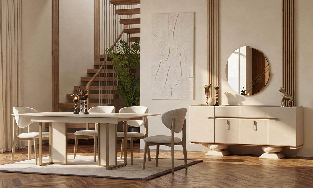 Bonita yemek odası konsepti 45 derece görünüm; heykelsi piramit ayaklı geniş depolamalı konsol ve bronz detaylı lüks mimari tasarım.