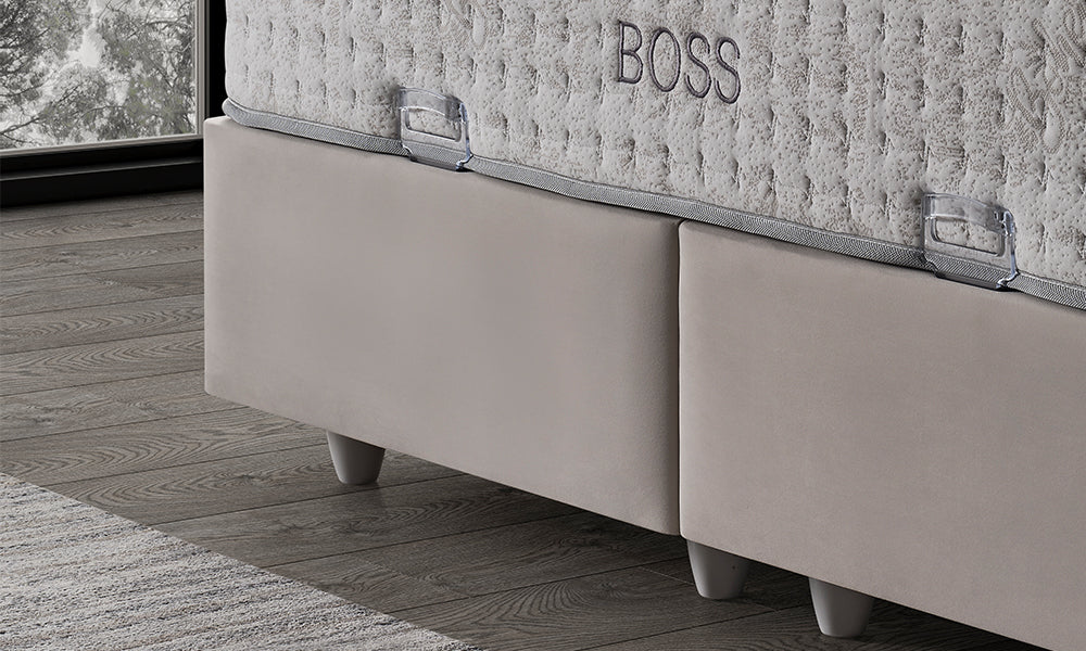 Boss Modern Baza Başlık ve Yatak Seti, kumaş kaplı baza ve yatak yan yüzey detayı