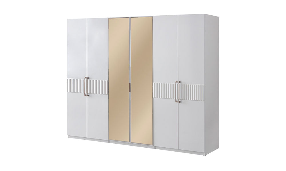 Bronz Modern Gardırop, altı beyaz kapağı, iki bronz aynalı merkez paneli ve çizgili kapak detayları