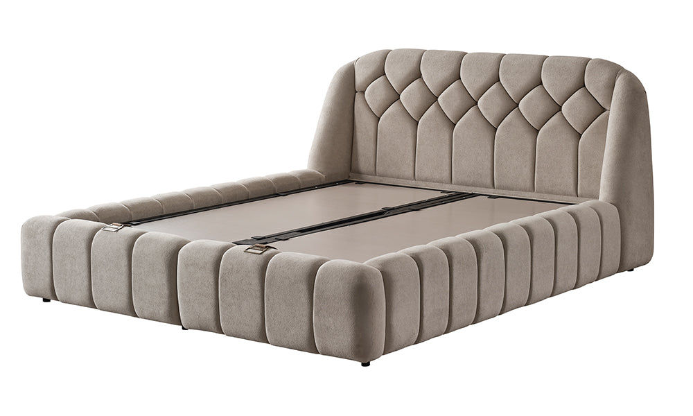 Calm Modern Baza Başlık, yumuşak kumaş kaplamalı modern bazalı karyola ve çapraz görünüm