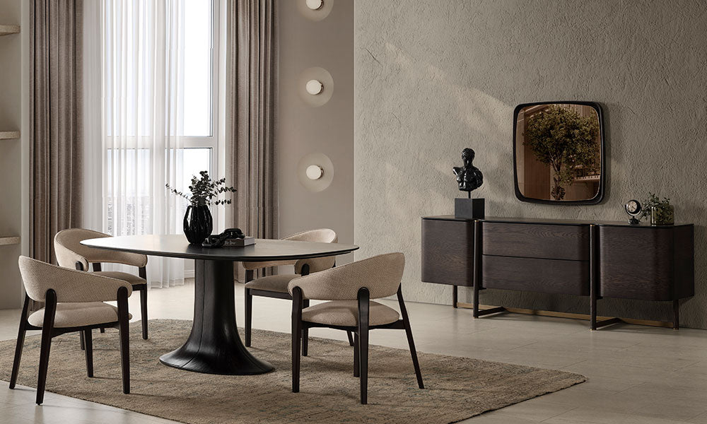 Cartier Modern Yemek Odası Takımı, kavisli koyu ceviz masa, krem sandalyeler ve depolamalı MDF konsol