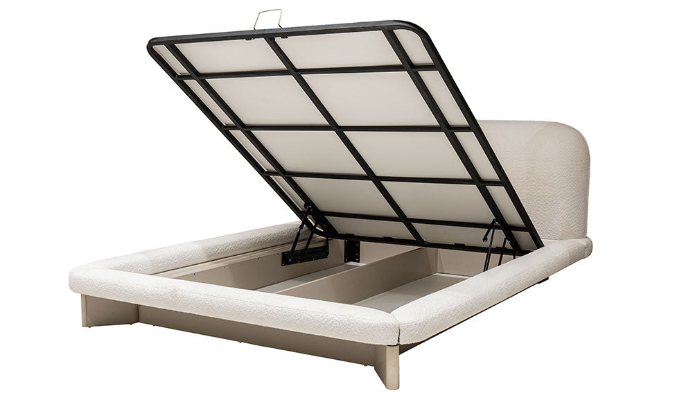 Cosmo Modern Karyola'nın emniyet kilitli amortisör sistemi, geniş iç hacimli depolama alanı ve dayanıklı çelik profil iskeletinin açık hali.