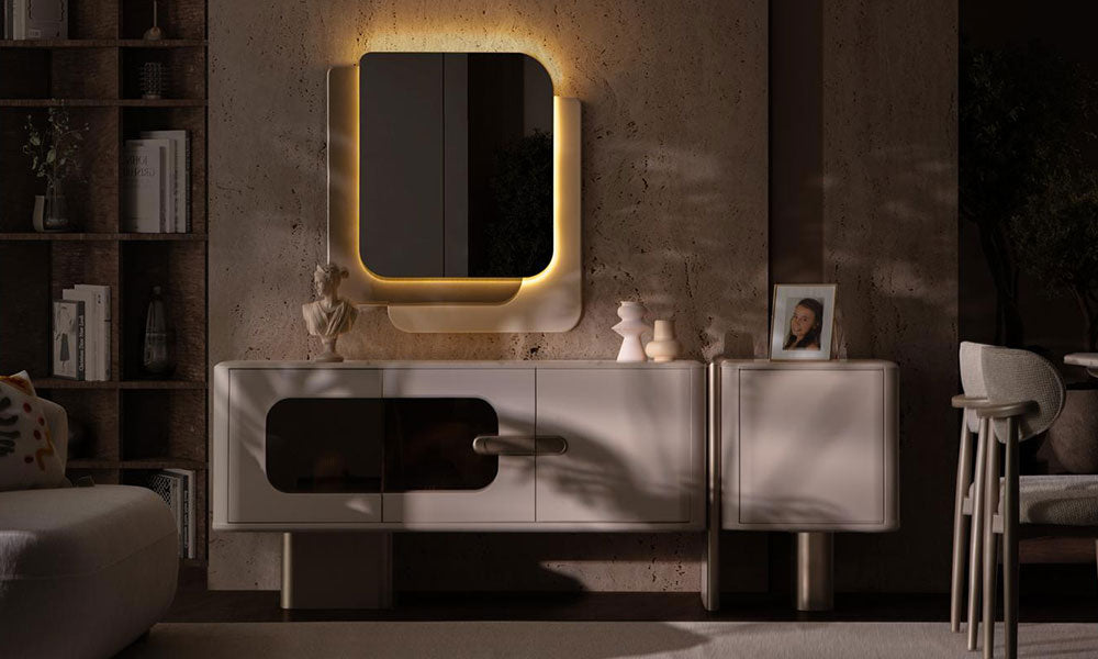 MDF gövdeli modern konsol, aynalı ve LED aydınlatmalı şık tasarım