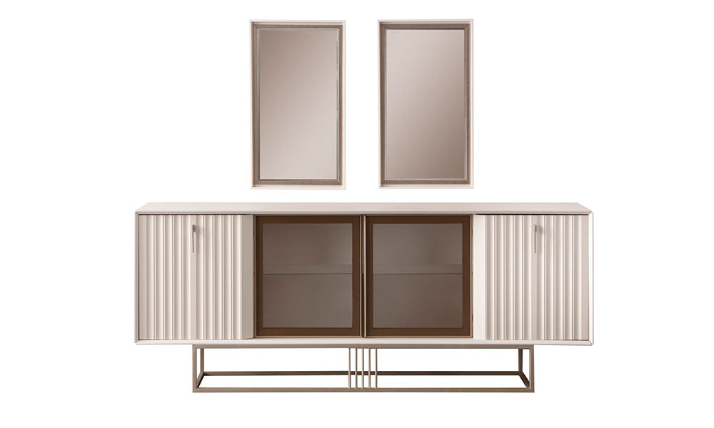 Emerald Modern konsol; dikey yivli kapaklı, bronz füme camlı, metal bazalı ve iki adet aynalı tam takım stüdyo çekimi.