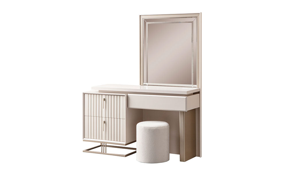 Emerald Modern Şifonyer; yivli çekmeceli, metal bazalı, asimetrik makyaj masası, aynası ve pufu.