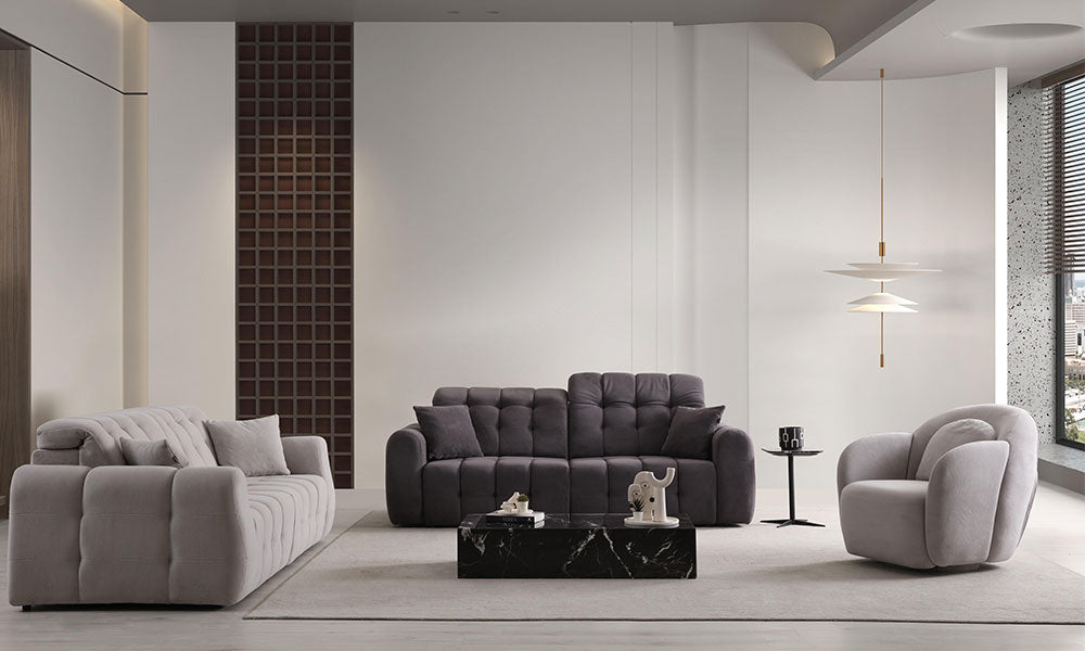 Enzo Modern koltuk takımının lüks bir salondaki tam takım görünümü; antrasit ve açık gri renkli motorlu kanepeler ve döner berjer.