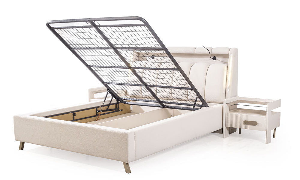 Eudora bazalı karyolanın teknik özelliği; geniş iç depolama sandığı, gazlı amortisör sistemi, emniyet kilidi ve metal profil destekli açılır kapak.