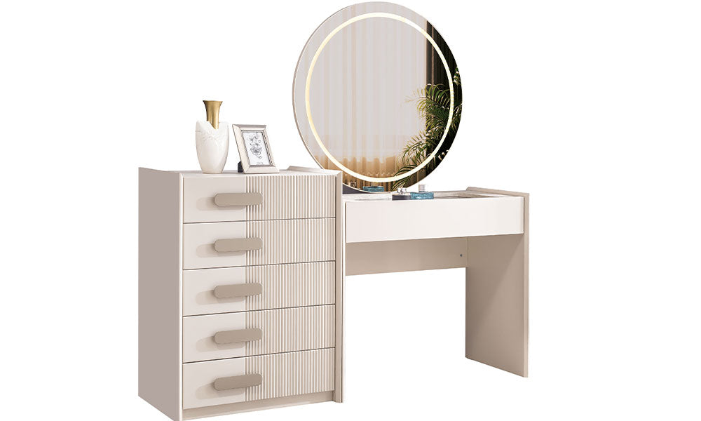 Eudora Modern Şifonyer; 5 çekmeceli dikey fitilli depolama ünitesi, cam yüzeyli makyaj masası, led halka aydınlatmalı yuvarlak ayna ve modern krem tasarım.