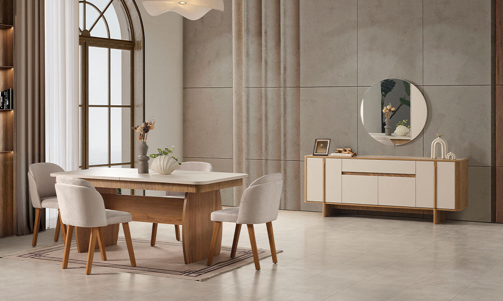 Eylül modern yemek odası takımı, krem renkli masa, ahşap detaylı sandalyeler, konsol ve yuvarlak ayna ile modern yaşam alanı.