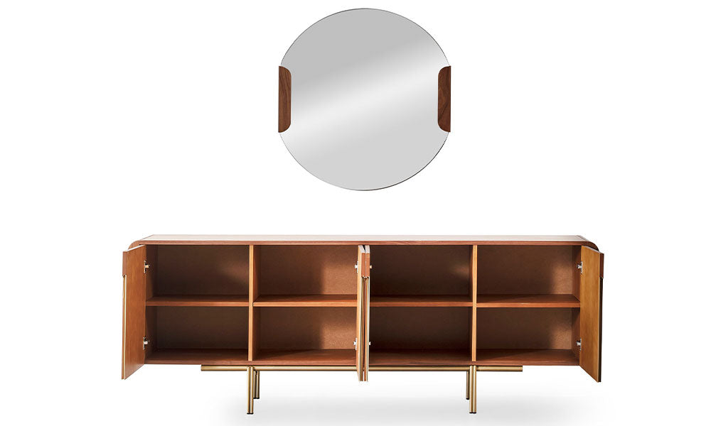 Helyos Modern MDF Konsol, açık dört kapağı, raflı geniş iç bölmeleri, gold metal ayakları ve yuvarlak aynası