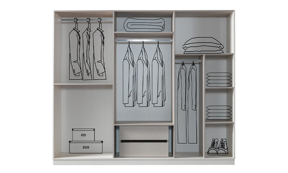 İklim Modern gardırobun bol raflı, çoklu askılıklı ve iki iç çekmeceli fonksiyonel iç düzenini gösteren şematik çizim.