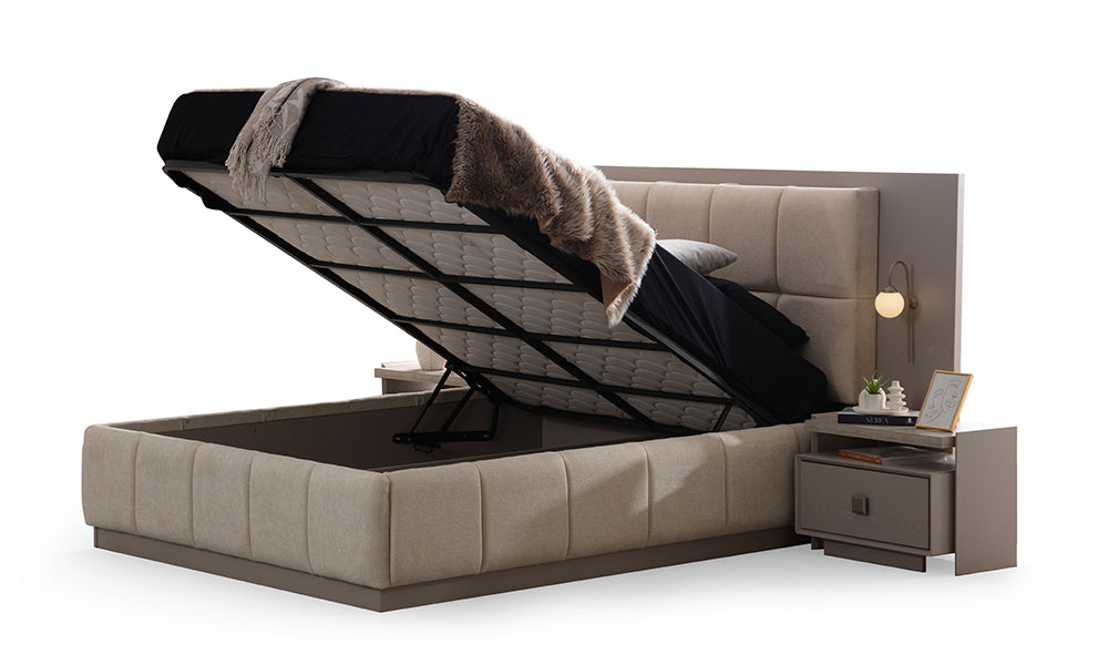 İnci karyola açık baza mekanizması detayı; dar alanlar için geniş saklama hacmi sunan çelik konstrüksiyonlu, çift amortisörlü ve emniyet kilitli güvenli depolama.