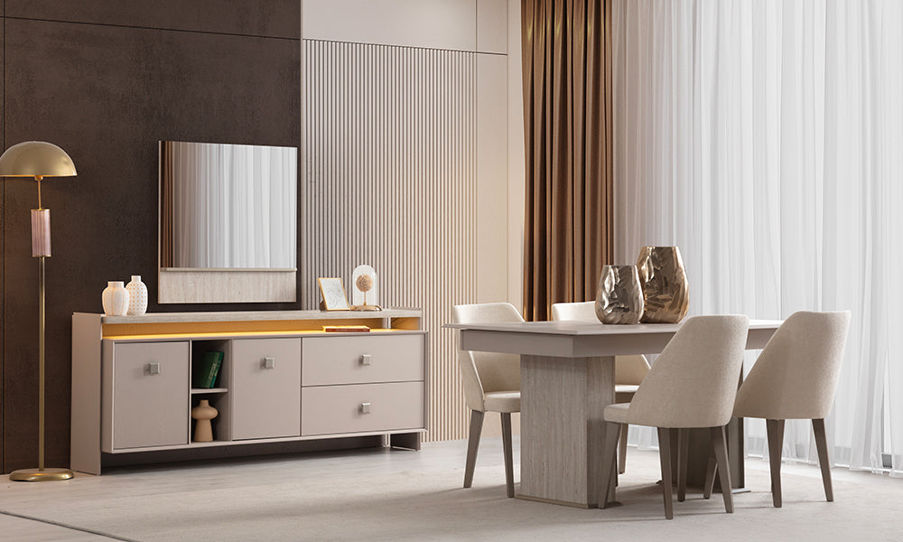 İnci Modern Yemek Odası Takımı konsept yerleşimi; ahşap damarlı led aydınlatmalı lüks konsol, kalın sütun ayaklı açılır masa ve bej ergonomik sandalyeler.