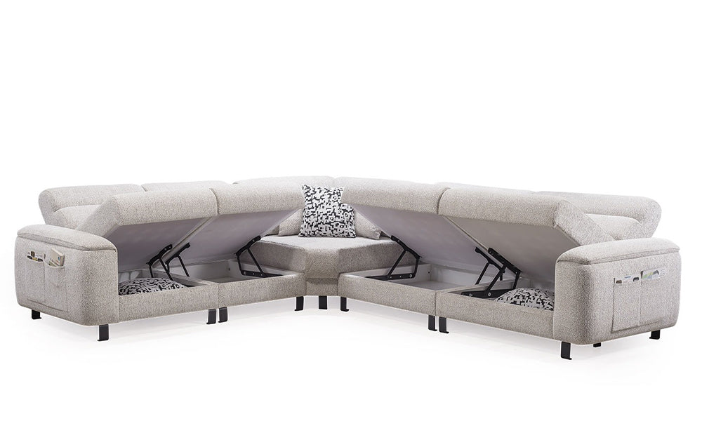 İnegöl modern köşe koltuk açık baza sistemi; dar alanlar için maksimum hacim sunan oturum altı gizli depolama bölmeleri.