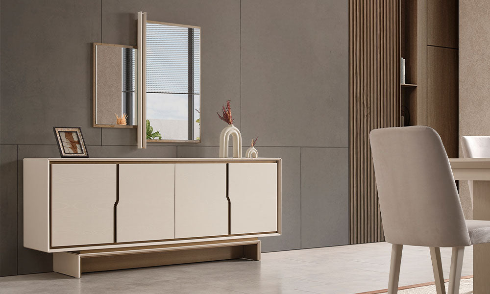 İpek Modern konsolun ahşap bazalı, dört kapaklı bej gövdesi ve üzerindeki asimetrik iki parçalı modern ayna setiyle şık salon görünümü.