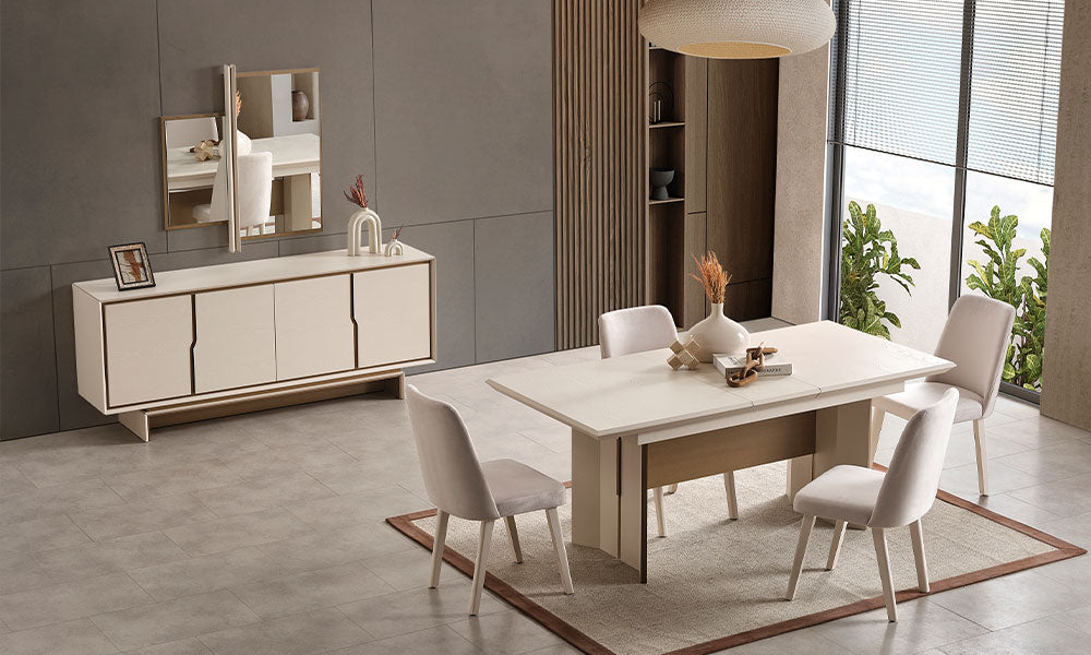 İpek Modern Yemek Odası Takımı; açılır masası, sade ve geniş konsolu ile asimetrik ayna setinin modern salondaki tam takım yerleşimi.