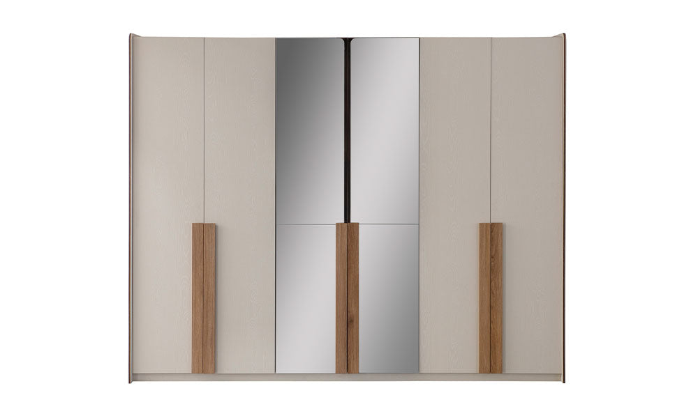 İznik Modern gardırobun altı kapaklı, ortası iki kapak aynalı ve uzun ahşap kulplu modern tasarımının önden görünümü.