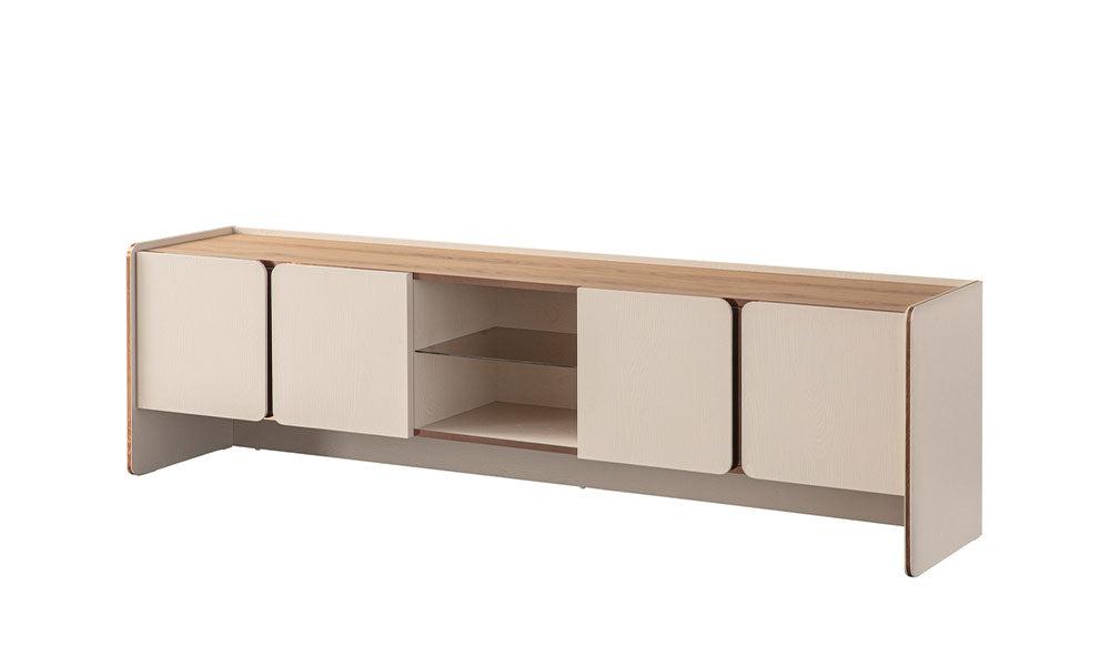 İznik Modern TV Ünitesi; ahşap tablalı, bej dört kapaklı, ortası cam raflı ve metalik şeritli minimalist tasarım.