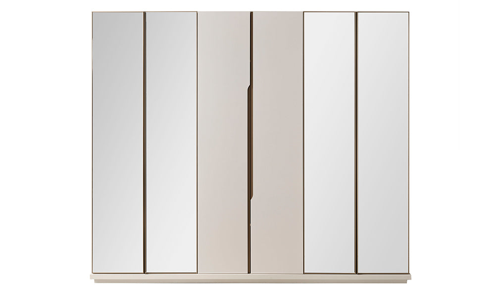 Kristal Modern Gardırop krem kapakları, bronz çerçeveli aynaları ve altı kapılı tasarımıyla ön görünüm