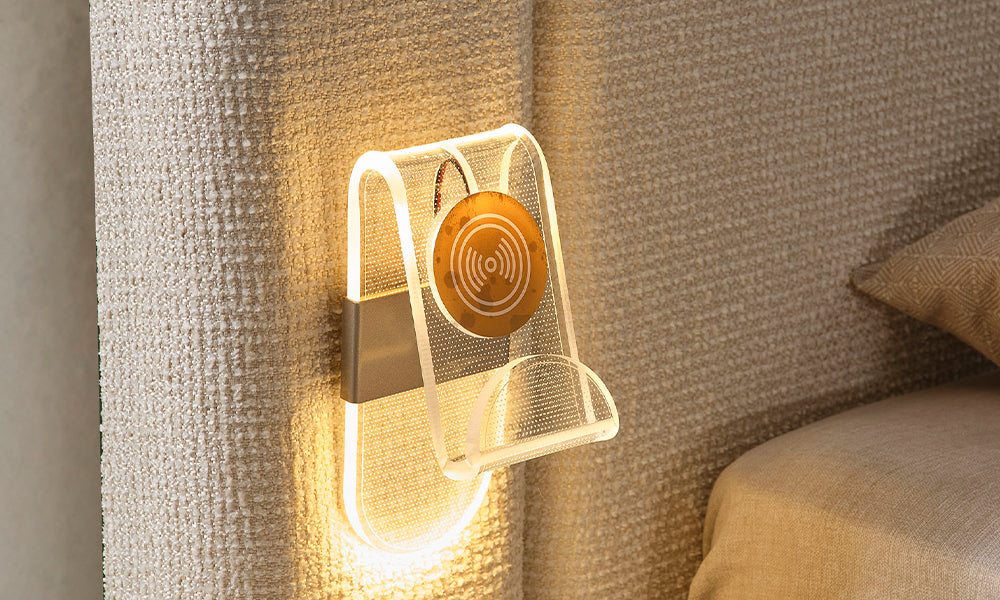 Kristal Modern Karyola başlığına entegre LED ışıklı kablosuz şarj ünitesi detay görünümü