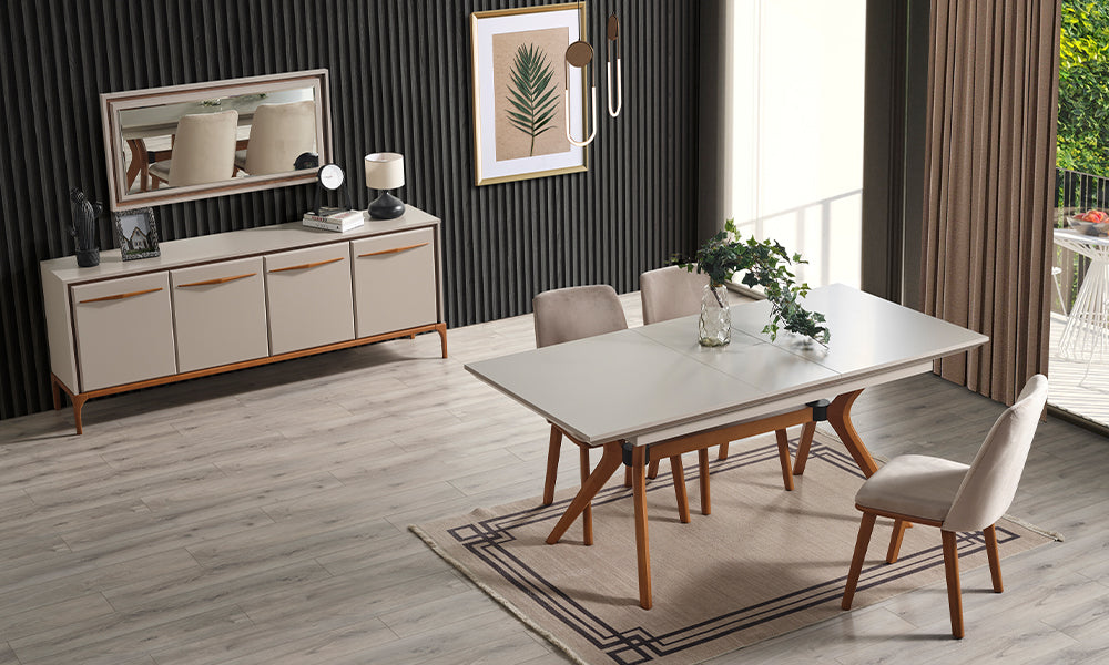 Kumsal modern yemek odası takımının krem renkli açılır masası, dört sandalyesi, ahşap detaylı konsolu ve duvar aynasıyla üst açıdan görünümü