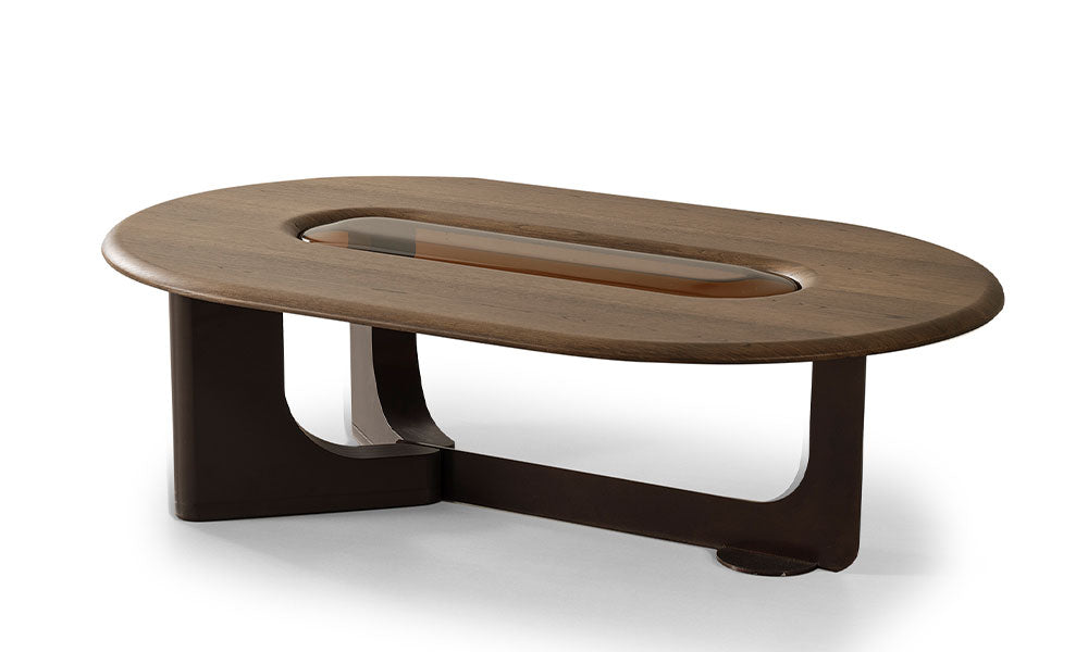 Leonara Modern Orta Sehpa, ceviz renkli oval MDF tablası, amber camlı orta bölümü ve U formlu koyu renk ayakları