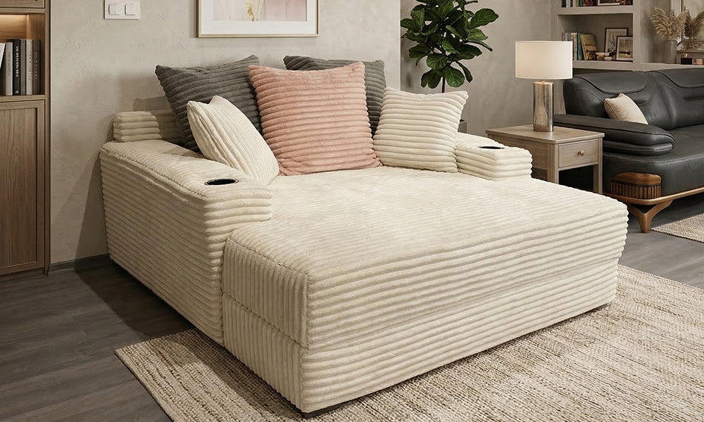 Love Seat iki kişilik sinema koltuğu açılı görünüm; krem rengi kalın fitilli kadife kumaş, devasa yatay uzanma alanı ve kolçaklara entegre çelik bardaklık tasarımı.