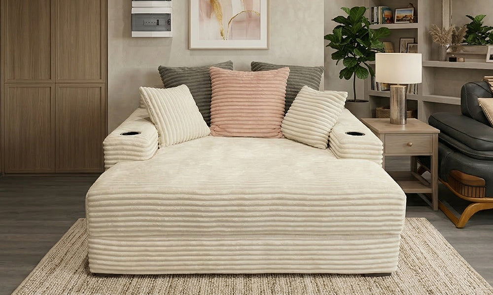 Love Seat iki kişilik sinema koltuğu önden görünüm; maksimum konfor sunan derin oturum hacmi, paslanmaz bardaklık yuvaları ve sırt destekleyici yumuşak minderler.