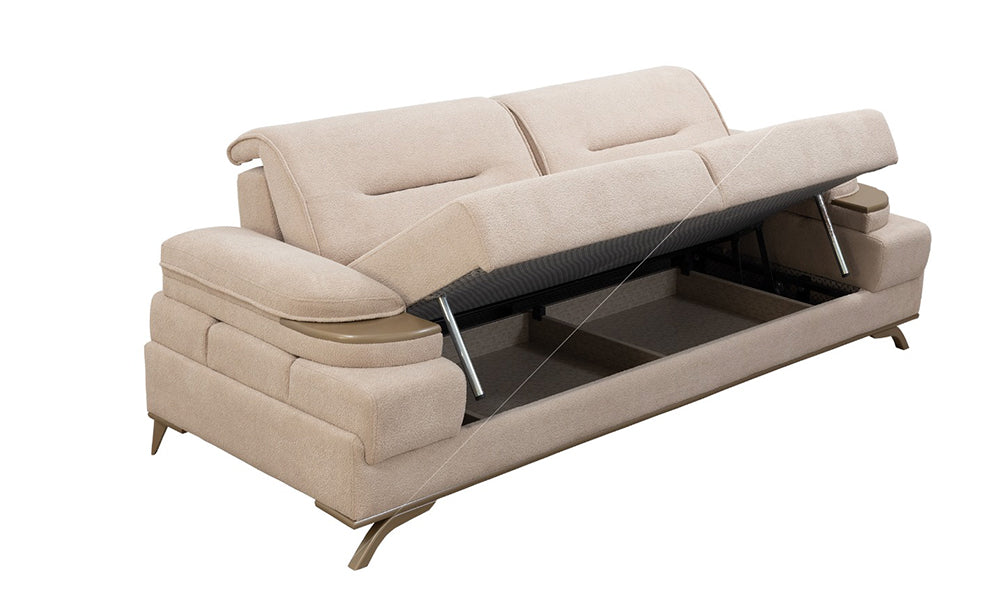 Sandıklı bej renkli Marsilya Modern Koltuk'un geniş depolama alanını gösteren detaylı görünüm.