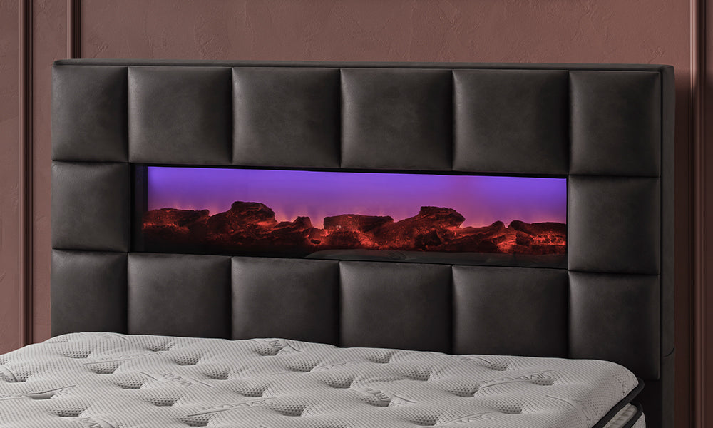 Miami Modern Baza Başlık Yatak Set mor LED aydınlatmalı şömine görünümlü başlık detayı