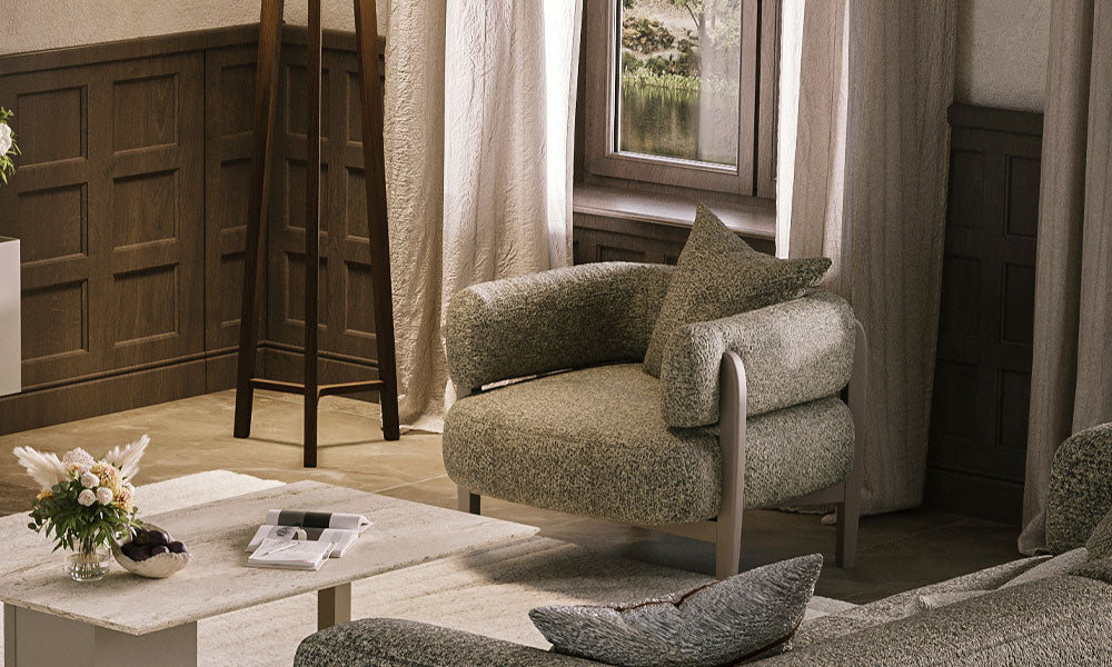 Mocha Modern berjerin geniş ve konforlu oturum alanı, dokulu yeşil-gri kumaşı ve ahşap ayak detaylı şık görünümü.