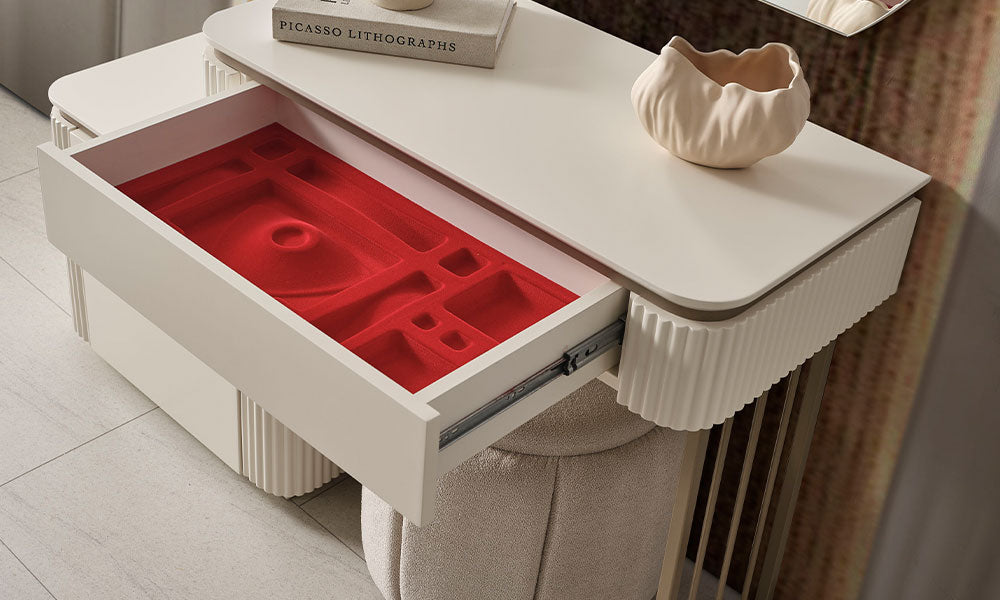 New Golden modern geniş şifonyerin krem renkli dikey yivli dokusunu ve özel tasarım gold kulplarını gösteren yakın çekim detayı, üzerinde dikdörtgen ayna ile birlikte.