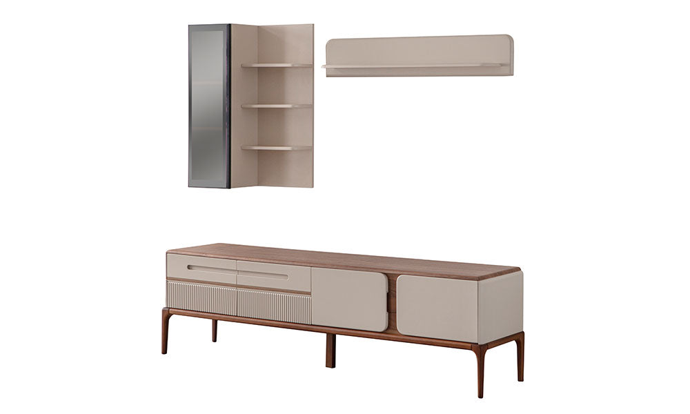 New Rivas TV Ünitesi'ne ait duvara monte edilen aynalı dikey dolap modülü, raf ünitesi ve alt sehpanın parçalı görünümü.