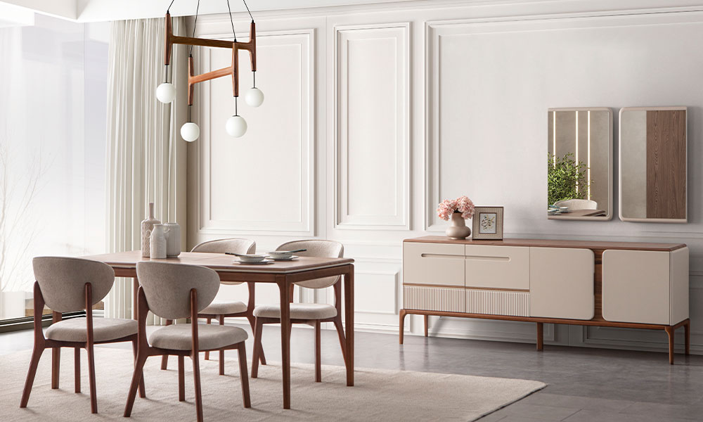 New Rivas Modern Yemek Odası Takımı; ceviz masa, kavisli bej sandalyeler, relief detaylı konsol ve aydınlatmalı aynaların tam takım görünümü.