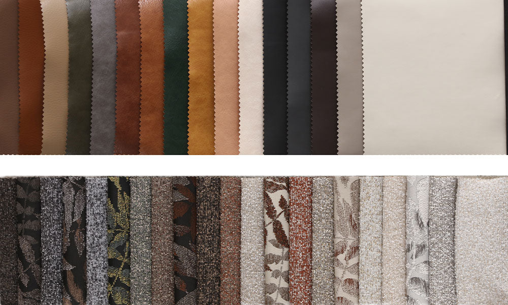 Nois Modern koltuk takımı için sunulan zengin dokuma kumaş ve deri/nubuk renk ve doku seçenekleri kartelası.