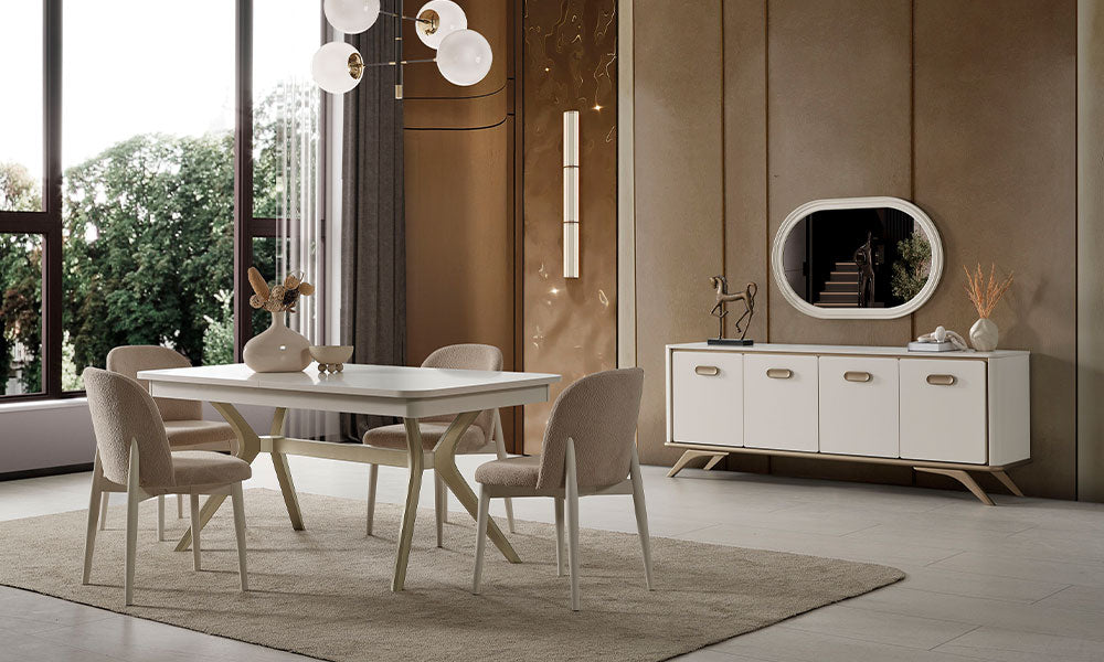 Noya Modern Yemek Odası Takımı, krem açılır yemek masası, dört kumaş sandalye, metal ayaklı konsol ve oval aynayla modern salonda.