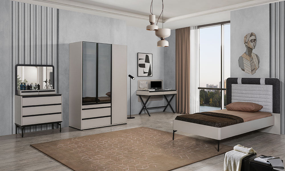 Olimpos Genç Odası Takımı; gri kumaş başlıklı karyola, cam kapaklı hibrit gardırop, akıllı komodin ve aynalı şifonyerin modern oda dekorasyonu.