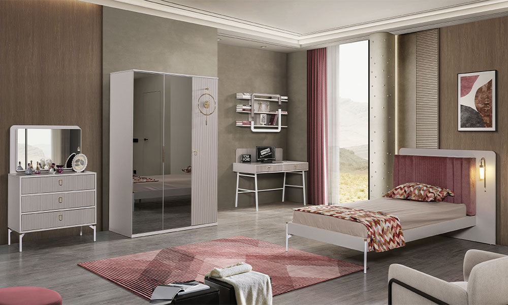 Öykü Modern Genç Odası Takımı; gül kurusu kadife başlıklı yatak, entegre aplik aydınlatma, aynalı fitilli gardırop ve gold detaylı çalışma masası.